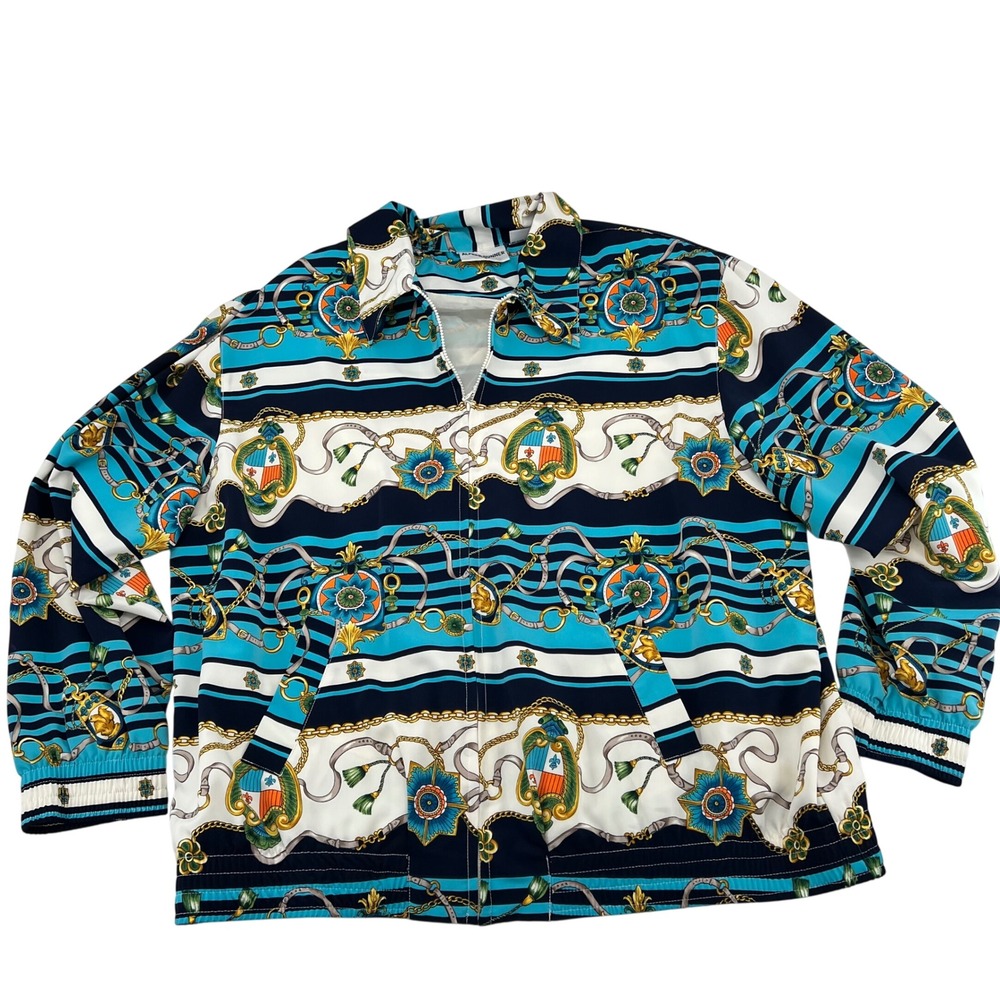 Alfred Dunner Petite 16 Vintage Scarf Print Zip Up Windbreaker Jacket Blue Gold